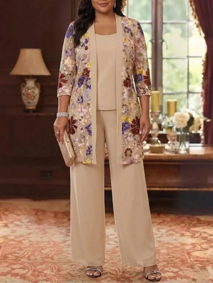 3 Pieces Chiffon Scoop Plus Size Mother of the Bride Pantsuits with Jacket Ankle-Length 3/4 Sleeves Lace Floral