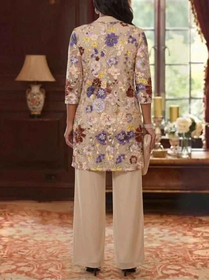 3 Pieces Chiffon Scoop Plus Size Mother of the Bride Pantsuits with Jacket Ankle-Length 3/4 Sleeves Lace Floral