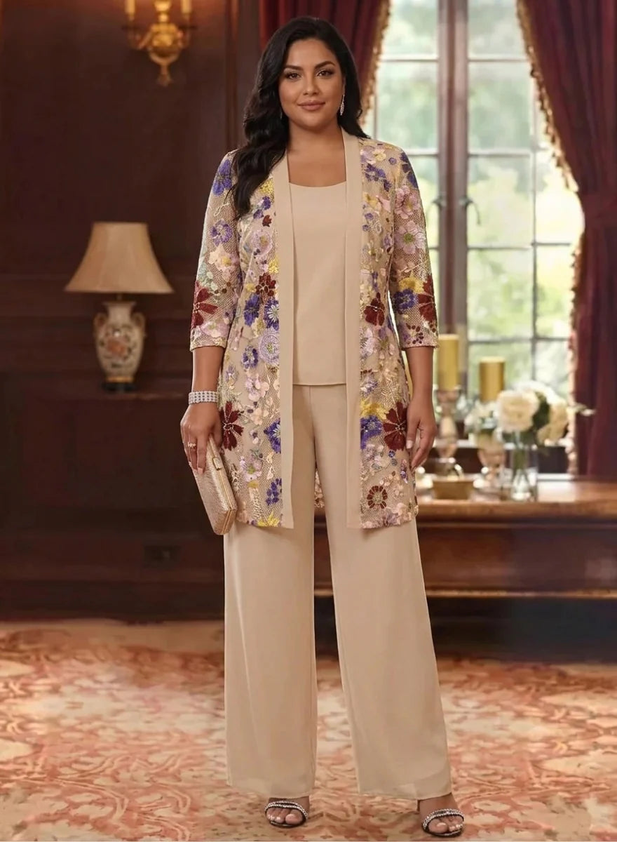 3 Pieces Chiffon Scoop Plus Size Mother of the Bride Pantsuits with Jacket Ankle-Length 3/4 Sleeves Lace Floral
