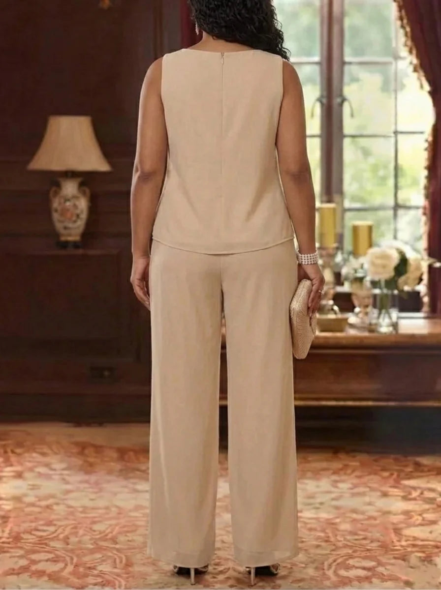 3 Pieces Chiffon Scoop Plus Size Mother of the Bride Pantsuits with Jacket Ankle-Length 3/4 Sleeves Lace Floral