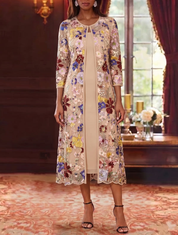 2 Pieces Chiffon Sheath/Column Scoop Mother of the Bride Dresses with Jacket Tea-Length 3/4 Sleeves Lace Floral