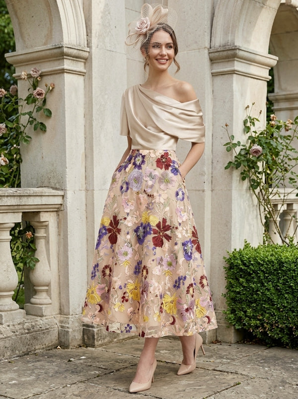 A-Line/Princess Silk Satin One-Shoulder Mother of the Bride Dresses Tea Length Short Sleeves Lace Floral