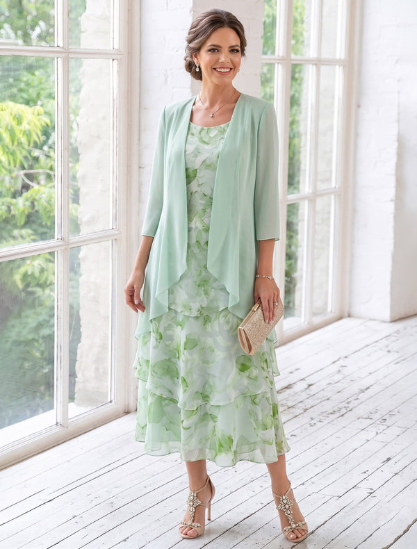 2 Pieces A-Line/Princess Scoop Chiffon Mother of the Bride Dresses with Jacket Floral Tea-Length 3/4 Sleeves Ruffles