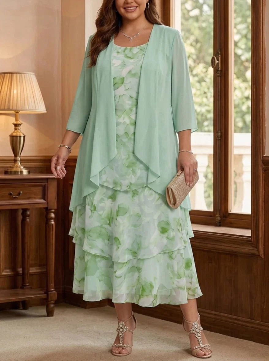 2 Pieces A-Line/Princess Scoop Chiffon Plus Size Mother of the Bride Dresses with Jacket Floral Tea-Length 3/4 Sleeves Ruffles