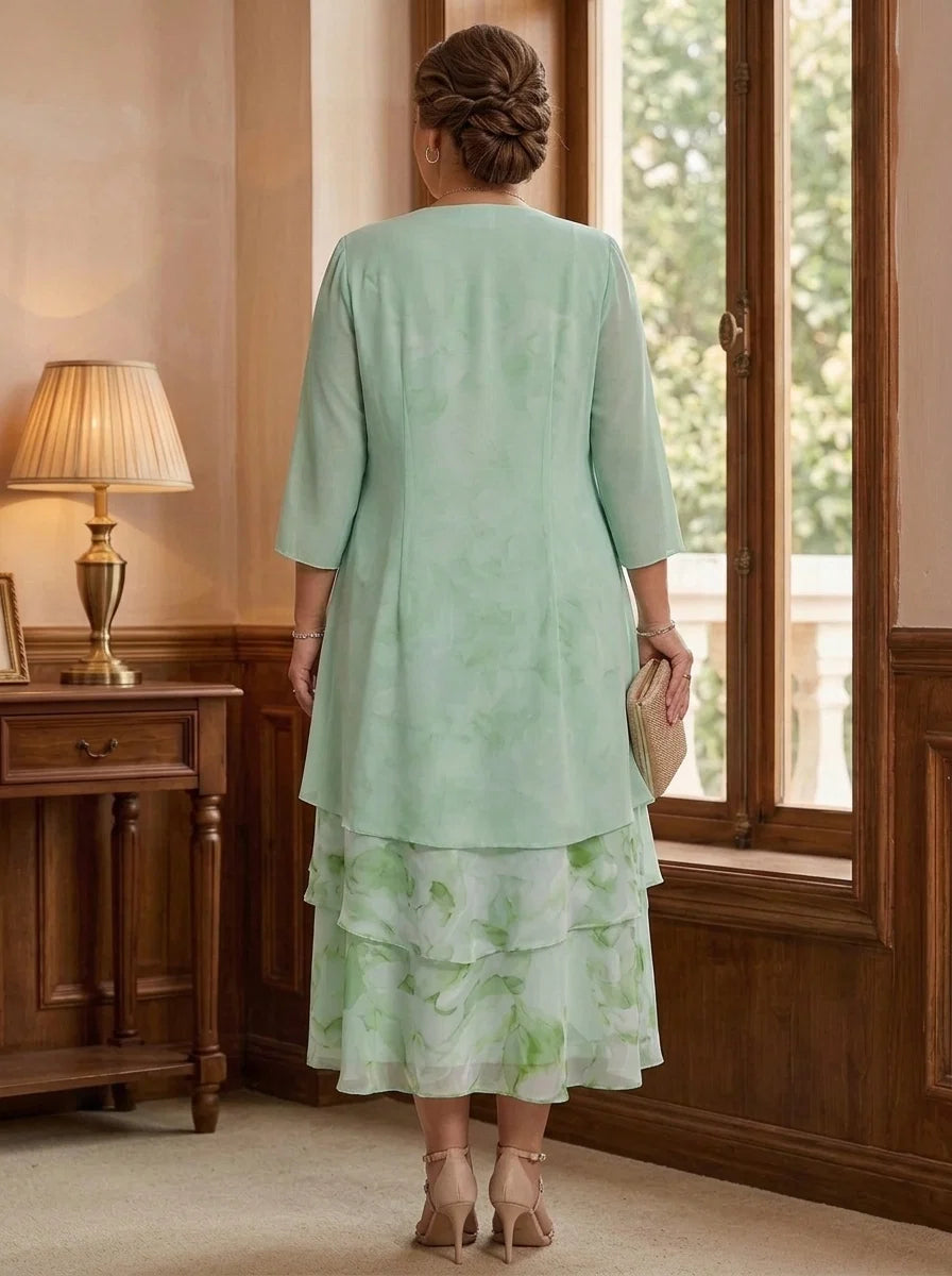 2 Pieces A-Line/Princess Scoop Chiffon Plus Size Mother of the Bride Dresses with Jacket Floral Tea-Length 3/4 Sleeves Ruffles