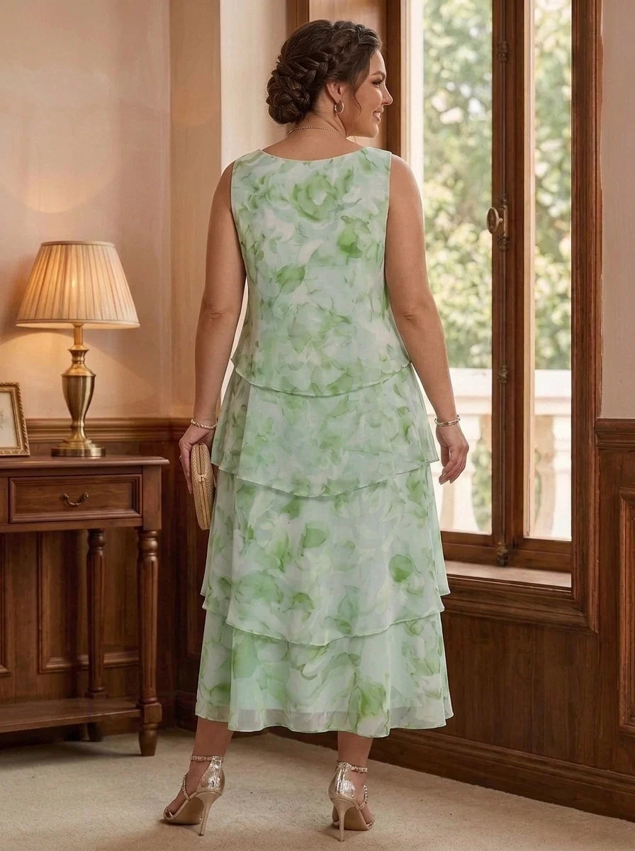 2 Pieces A-Line/Princess Scoop Chiffon Plus Size Mother of the Bride Dresses with Jacket Floral Tea-Length 3/4 Sleeves Ruffles
