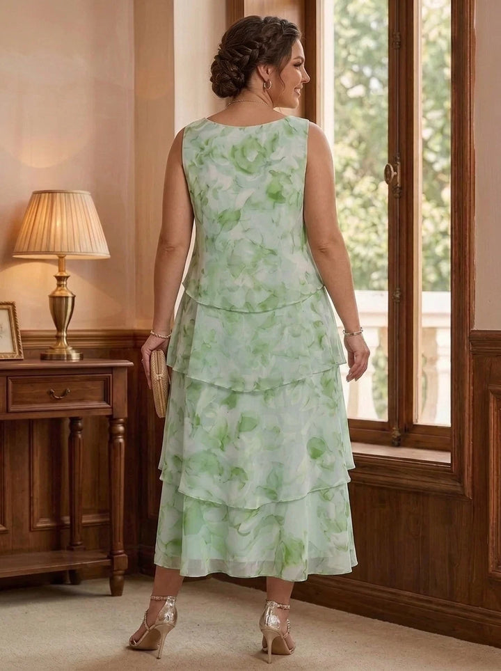 2 Pieces A-Line/Princess Scoop Chiffon Plus Size Mother of the Bride Dresses with Jacket Floral Tea-Length 3/4 Sleeves Ruffles