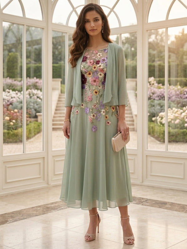 2 Pieces Chiffon A-Line/Princess Scoop Mother of the Bride Dresses with Jacket Tea-Length 3/4 Sleeves Lace Floral