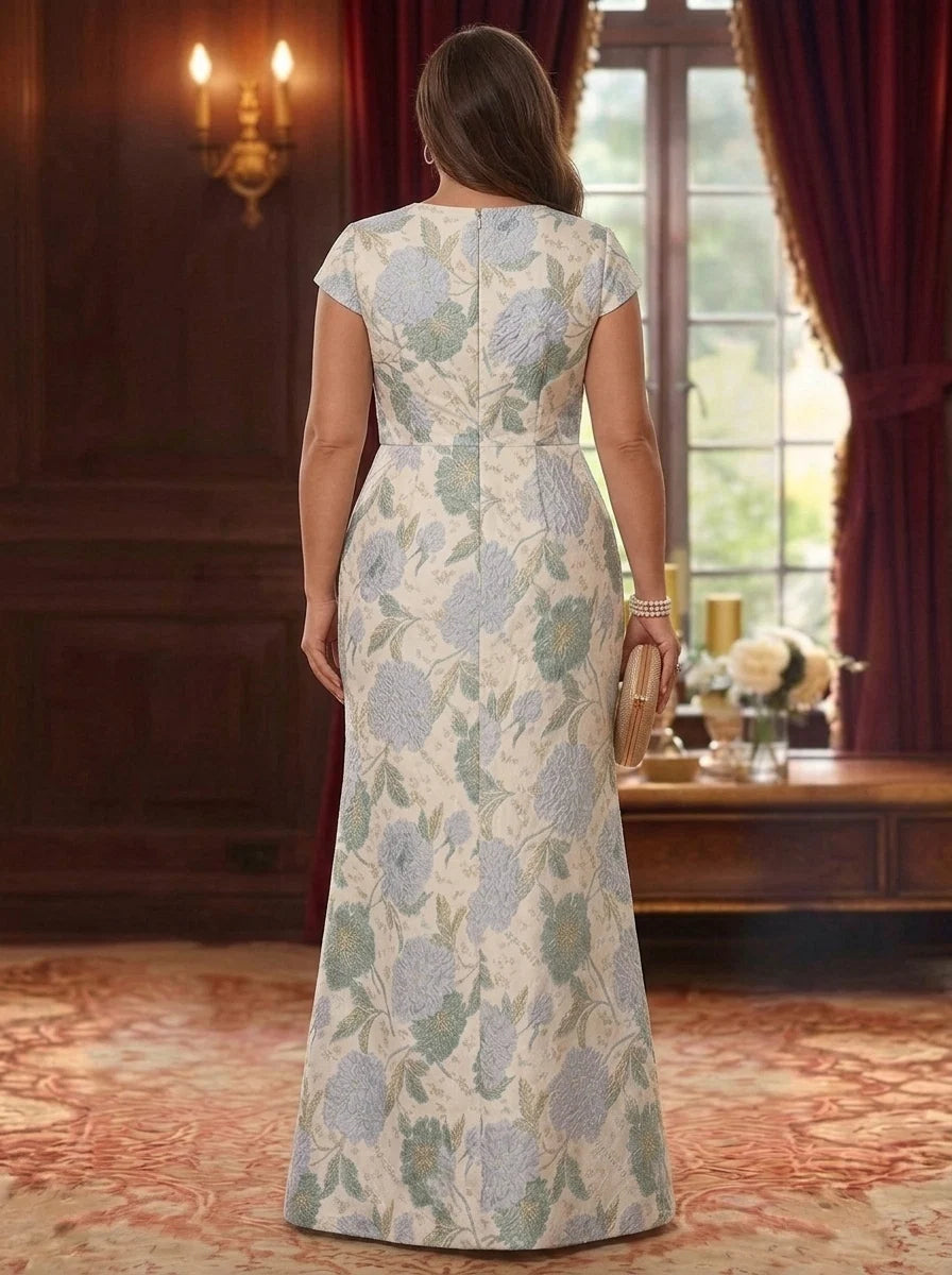 Sheath/Column V-Neck Jacquard Plus Size Mother of the Bride Dresses with 3D Flower Floral Floor-Length Cap Sleeves Ruffles