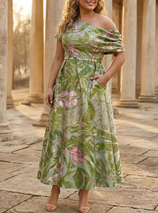 A-Line/Princess One-shoulder Satin Plus Size Mother of the Bride Dresses Floral Ankle-Length Short Sleeves