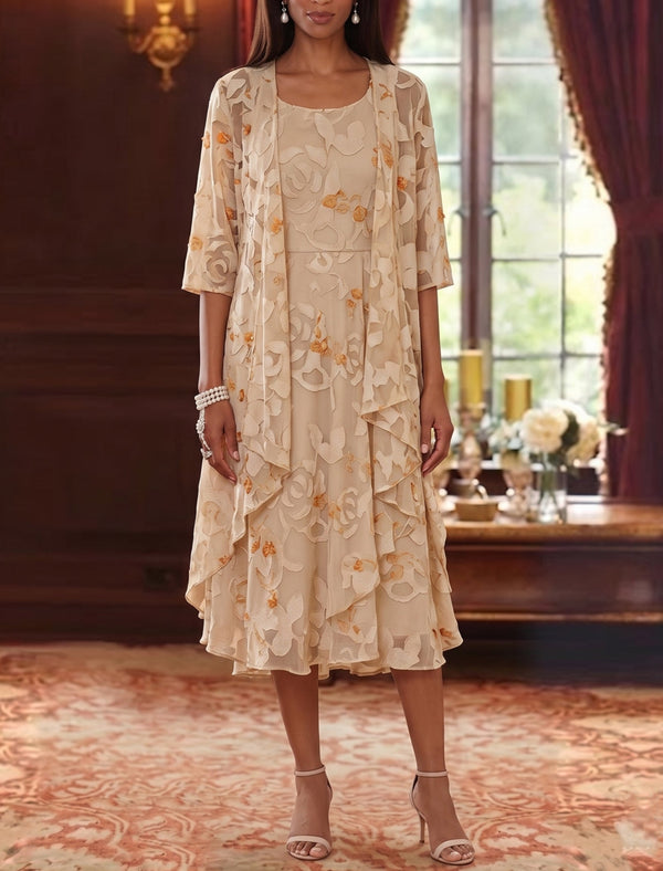 2 Pieces A-Line/Princess Scoop Chiffon Lace Mother of the Bride Dresses with Jacket Floral Tea-Length 3/4 Sleeves Ruffles