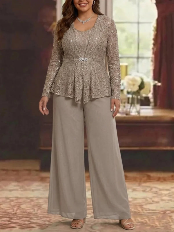 3 Pieces Scoop Lace Plus Size Mother of the Bride Pantsuits with Jacket Long Sleeves Ankle-Length