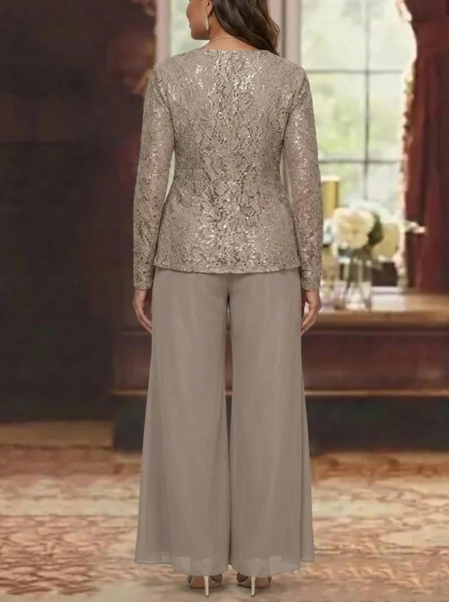 3 Pieces Scoop Lace Plus Size Mother of the Bride Pantsuits with Jacket Long Sleeves Ankle-Length