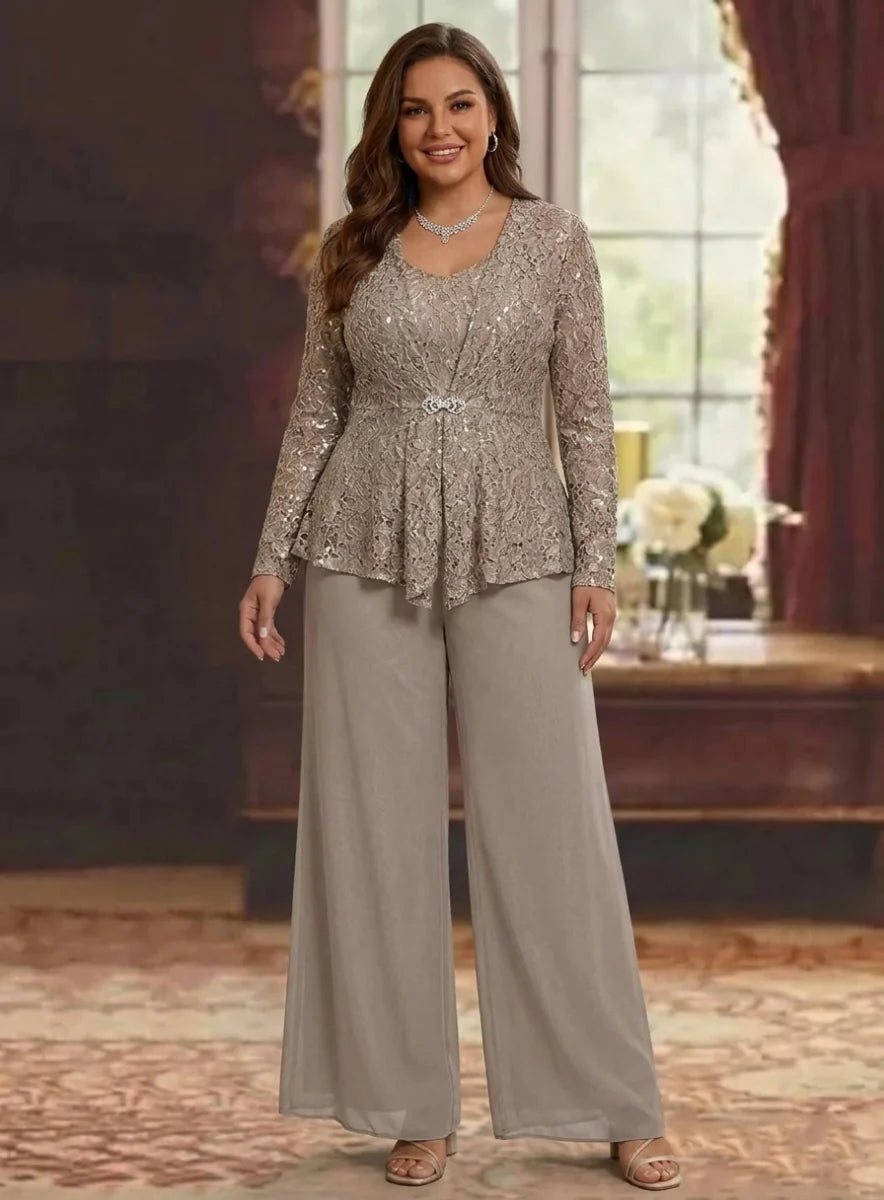 3 Pieces Scoop Lace Plus Size Mother of the Bride Pantsuits with Jacket Long Sleeves Ankle-Length