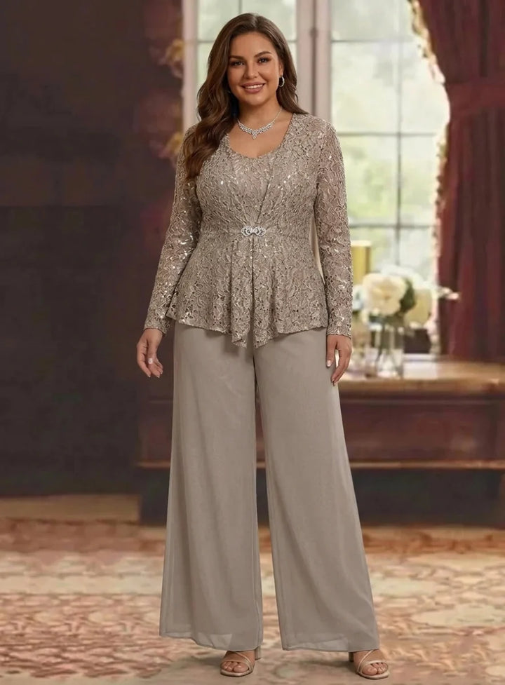 3 Pieces Scoop Lace Plus Size Mother of the Bride Pantsuits with Jacket Long Sleeves Ankle-Length