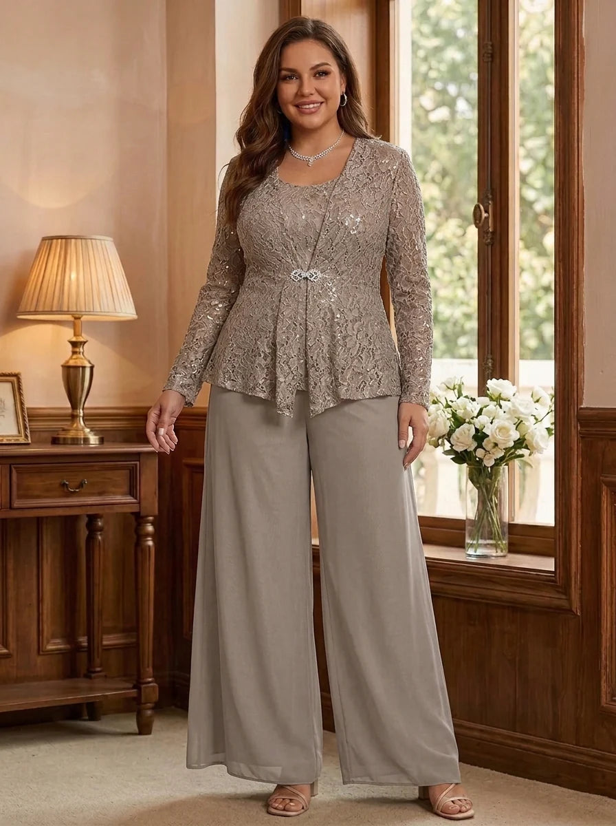 3 Pieces Scoop Lace Plus Size Mother of the Bride Pantsuits with Jacket Long Sleeves Ankle-Length