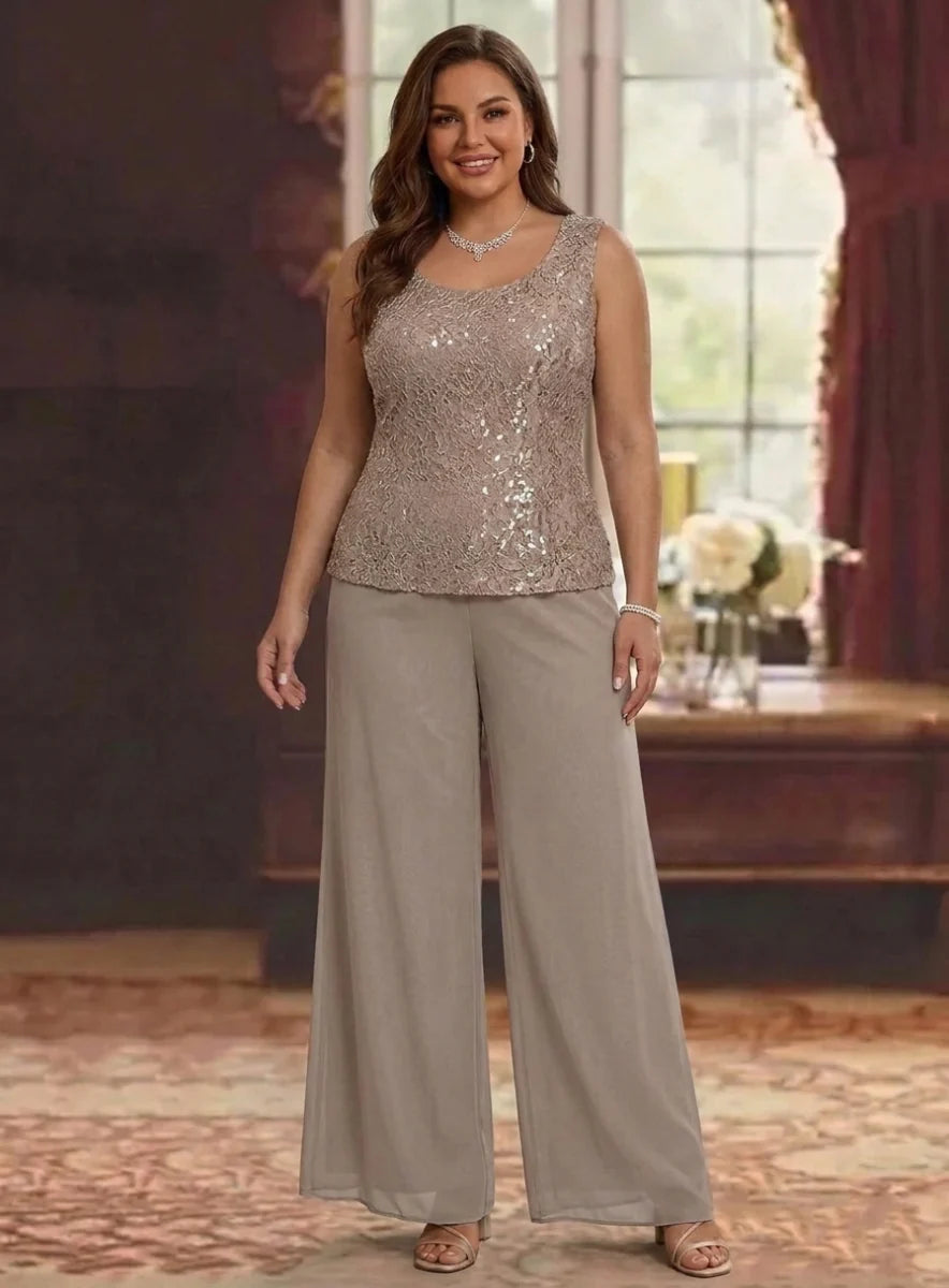 3 Pieces Scoop Lace Plus Size Mother of the Bride Pantsuits with Jacket Long Sleeves Ankle-Length