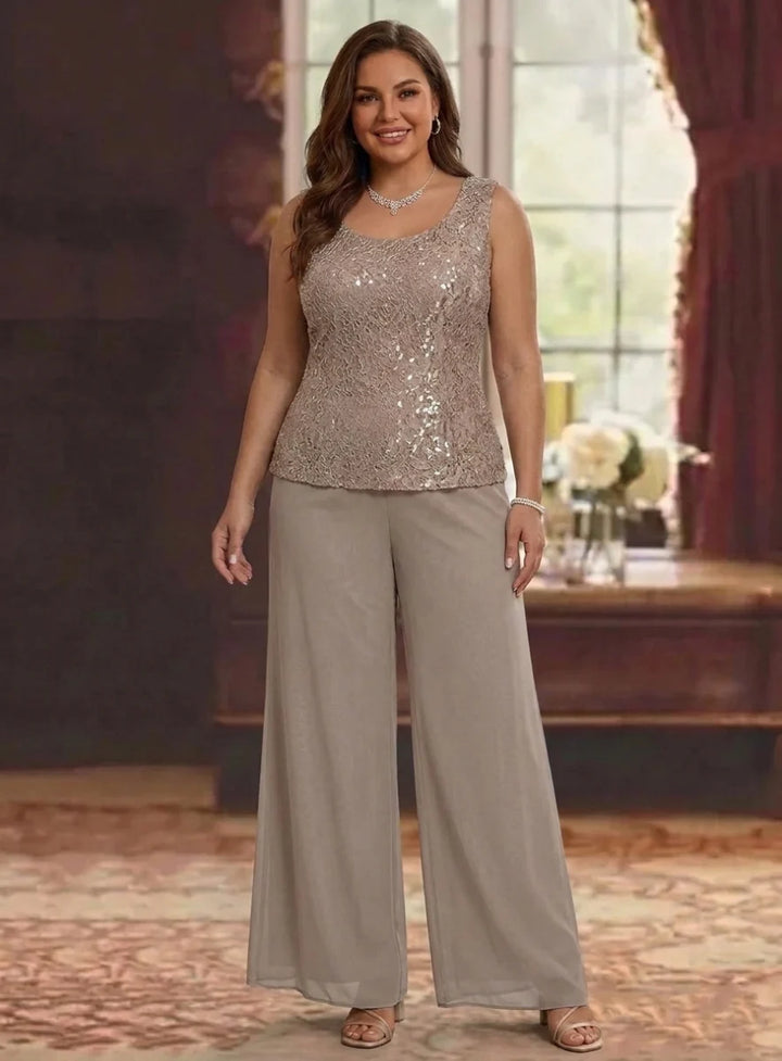 3 Pieces Scoop Lace Plus Size Mother of the Bride Pantsuits with Jacket Long Sleeves Ankle-Length