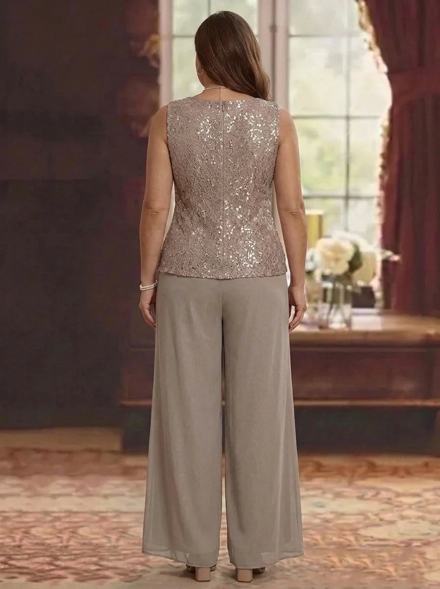 3 Pieces Scoop Lace Plus Size Mother of the Bride Pantsuits with Jacket Long Sleeves Ankle-Length