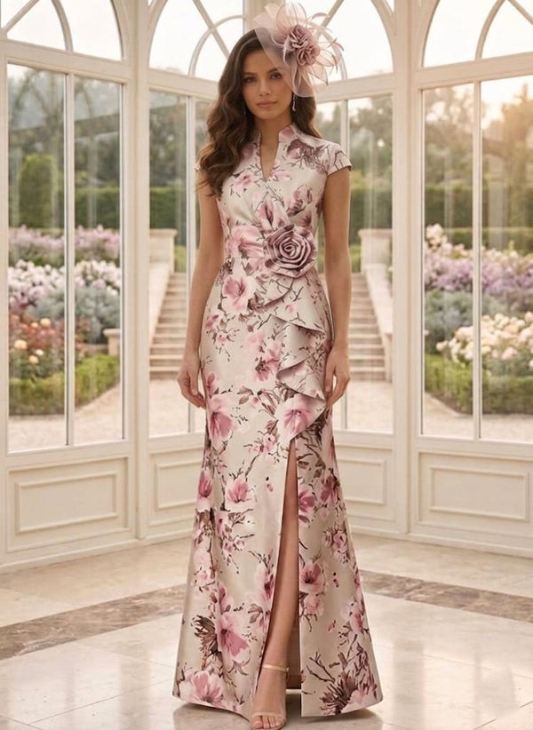 A-Line/Princess V-Neck Printed Satin Mother of the Bride Dresses with Split Side Cap Sleeves Floor-Length 3D Flower Floral