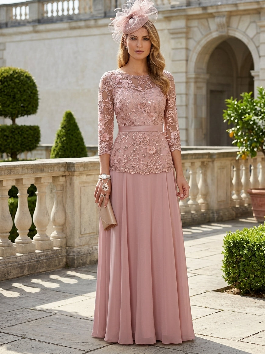 A-Line/Princess Scoop Chiffon Mother of the Bride Dresses Floor-Length 3/4 Sleeves Lace Floral
