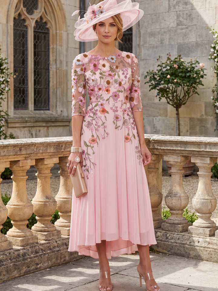 A-Line/Princess Scoop Chiffon Mother of the Bride Dresses Floral Asymmetrical Tea-Length 3/4 Sleeves