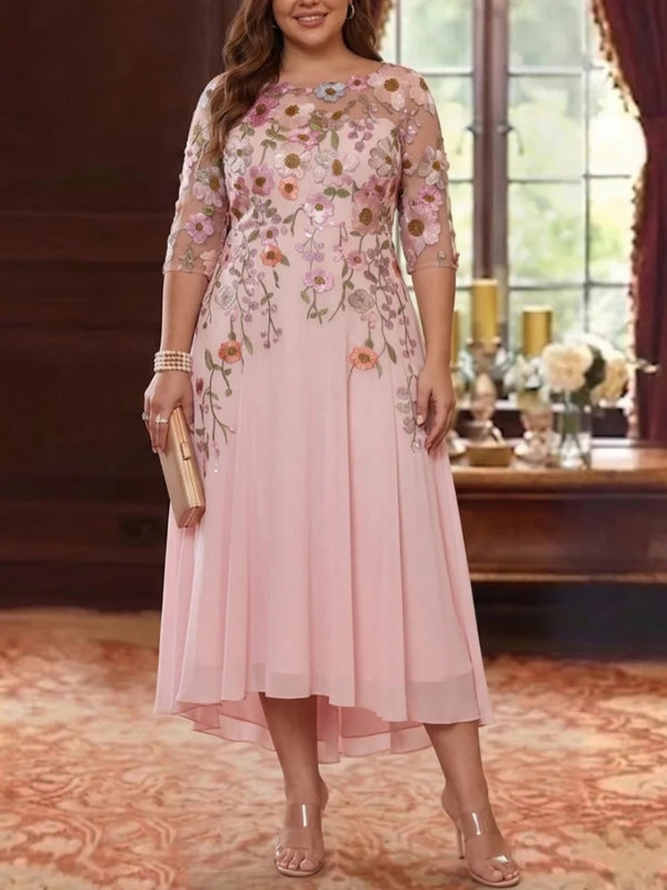 A-Line/Princess Scoop Chiffon Plus Size Mother of the Bride Dresses Floral Asymmetrical Tea-Length 3/4 Sleeves
