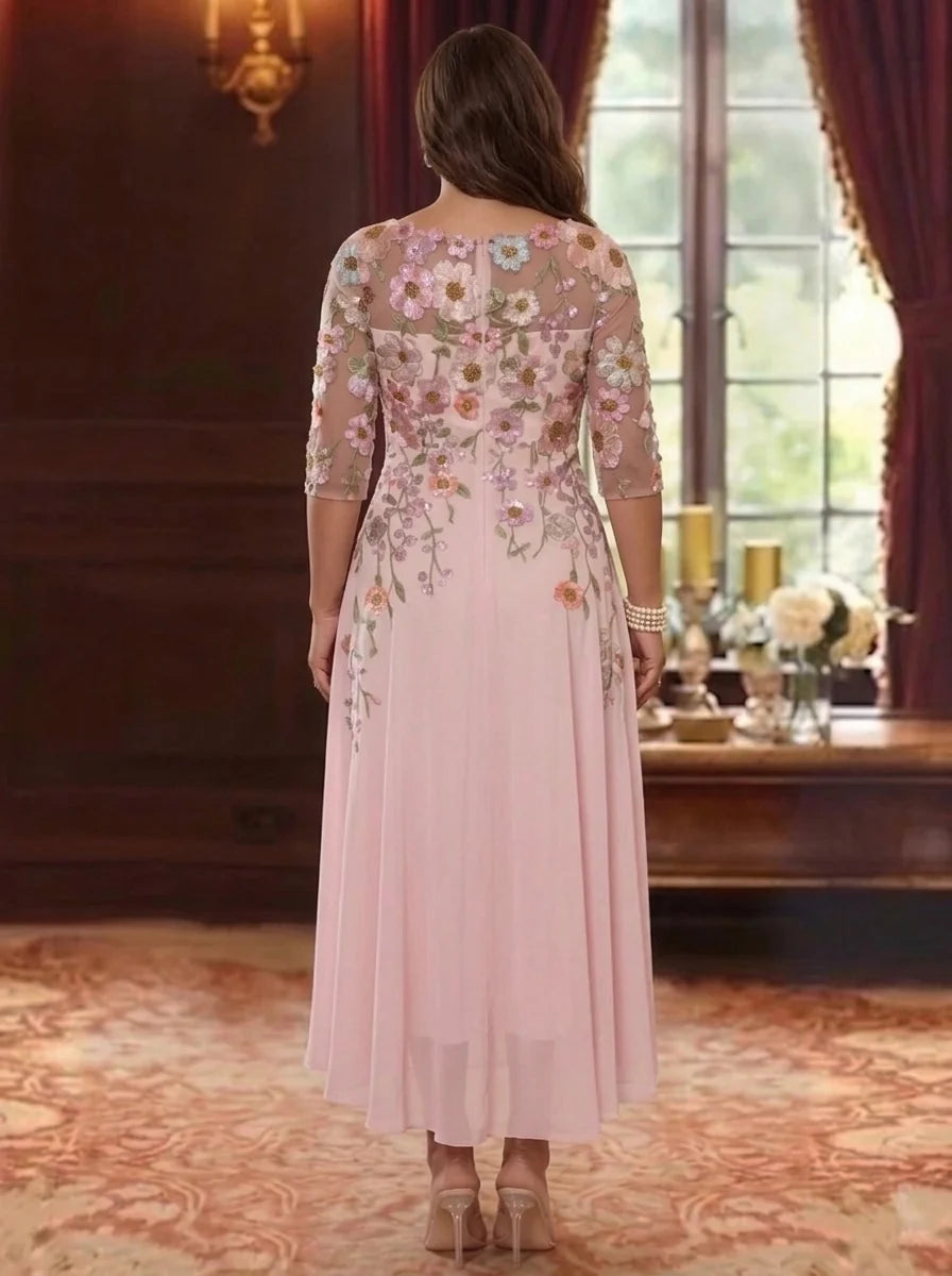 A-Line/Princess Scoop Chiffon Plus Size Mother of the Bride Dresses Floral Asymmetrical Tea-Length 3/4 Sleeves