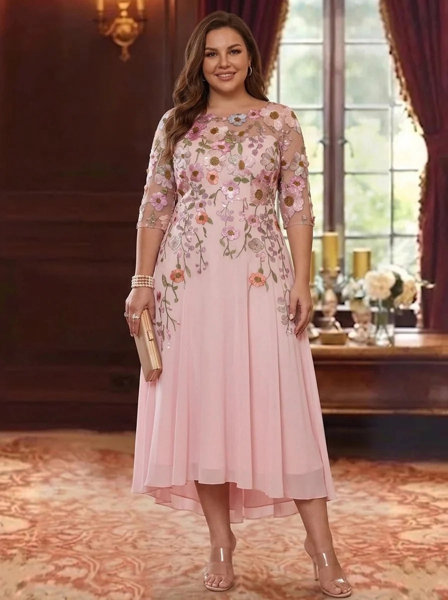 A-Line/Princess Scoop Chiffon Plus Size Mother of the Bride Dresses Floral Asymmetrical Tea-Length 3/4 Sleeves