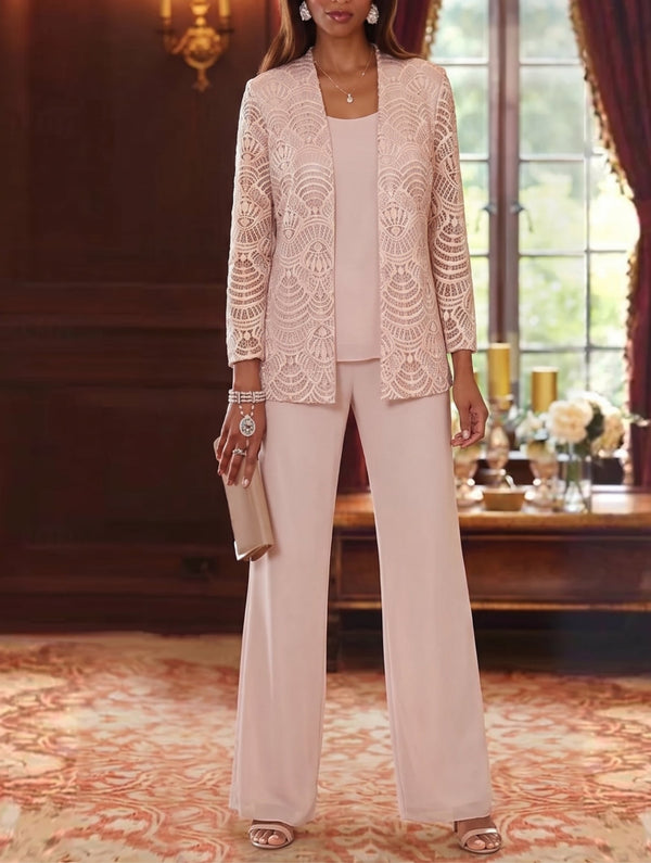 3 Pieces Scoop Chiffon Mother of the Bride Pantsuits with Jacket Lace Ankle-Length Long Sleeves