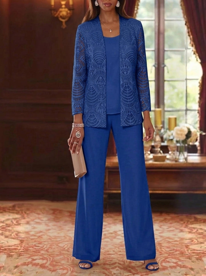 3 Pieces Scoop Chiffon Mother of the Bride Pantsuits with Jacket Lace Ankle-Length Long Sleeves
