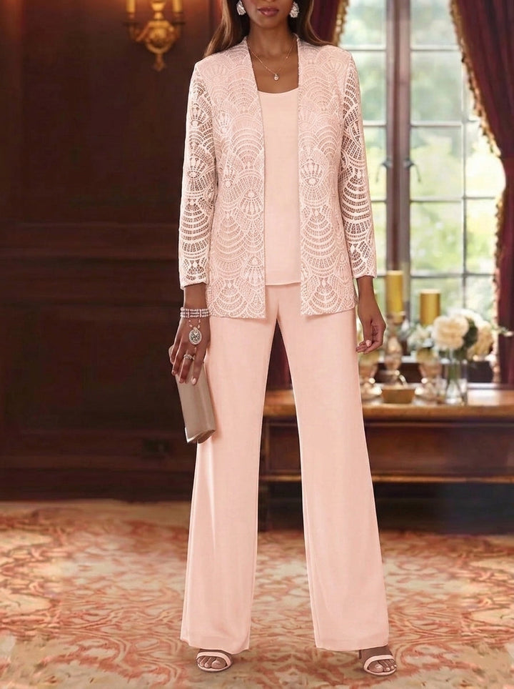 3 Pieces Scoop Chiffon Mother of the Bride Pantsuits with Jacket Lace Ankle-Length Long Sleeves