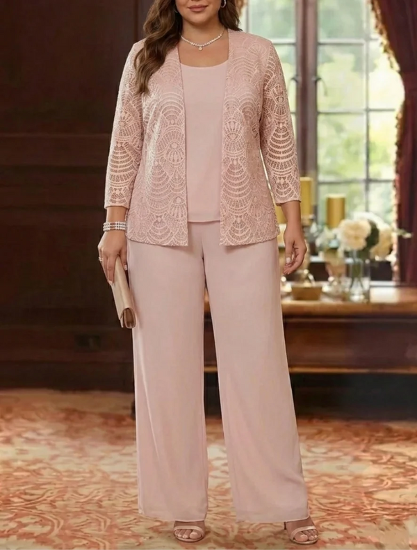 3 Pieces Scoop Chiffon Plus Size Mother of the Bride Pantsuits with Jacket Lace Ankle-Length Long Sleeves