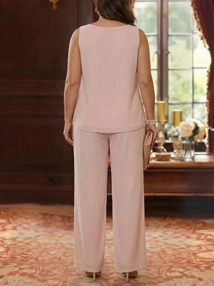 3 Pieces Scoop Chiffon Plus Size Mother of the Bride Pantsuits with Jacket Lace Ankle-Length Long Sleeves