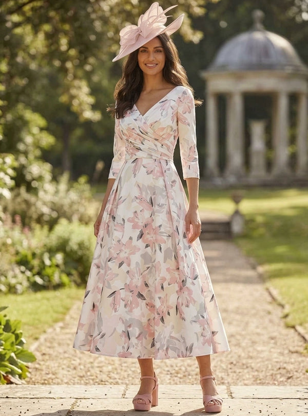 A-Line/Princess V-Neck Satin Mother of the Bride Dresses Floral Tea-Length 3/4 Sleeves Ruched