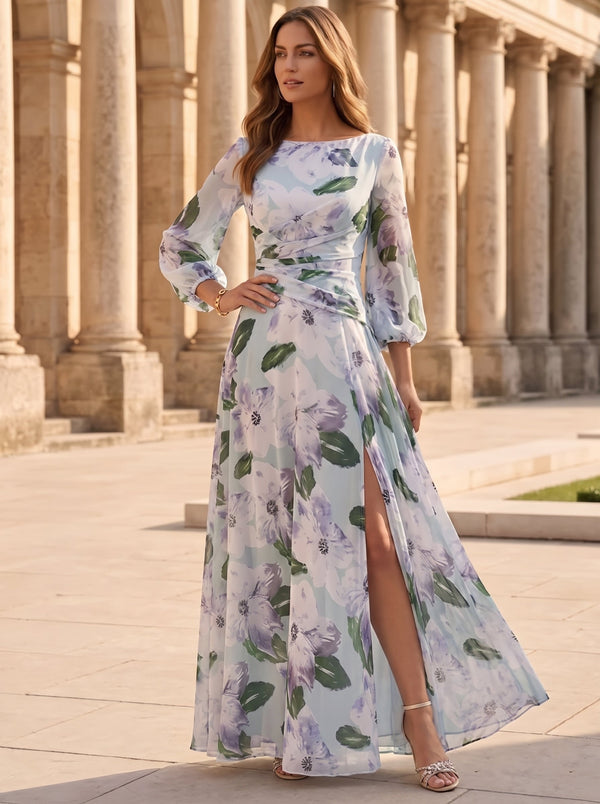 A-Line/Princess Scoop Chiffon Mother of the Bride Dresses with Split Side 3/4 Sleeves Floral Ankle-Length