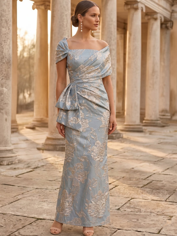 Sheath/Column Square Collar Jacquard Mother of the Bride Dresses Ruched Ankle-Length Floral Short Sleeves