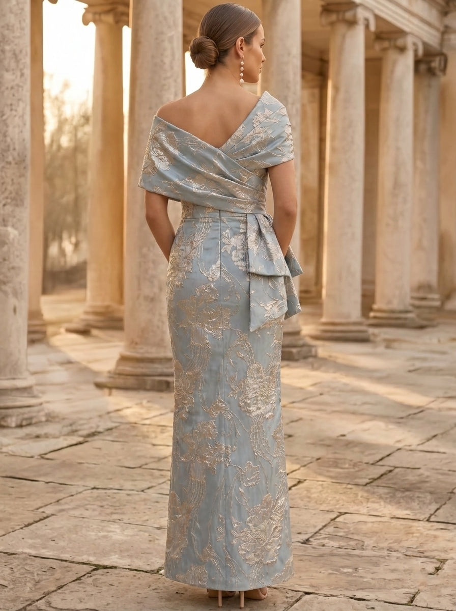 Sheath/Column Square Collar Jacquard Mother of the Bride Dresses Ruched Ankle-Length Floral Short Sleeves