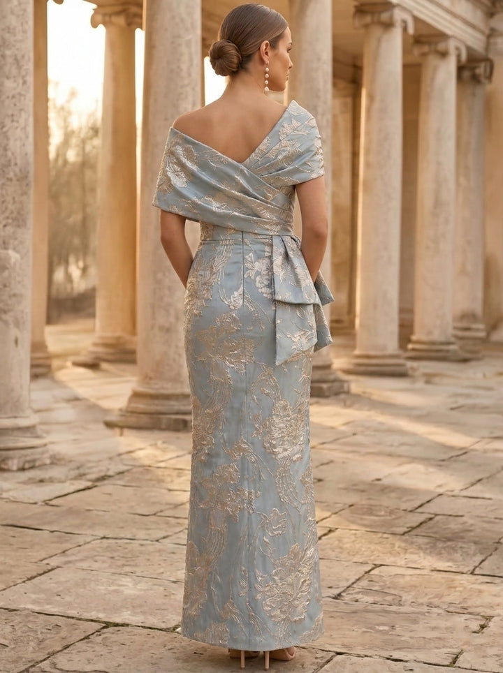 Sheath/Column Square Collar Jacquard Mother of the Bride Dresses Ruched Ankle-Length Floral Short Sleeves