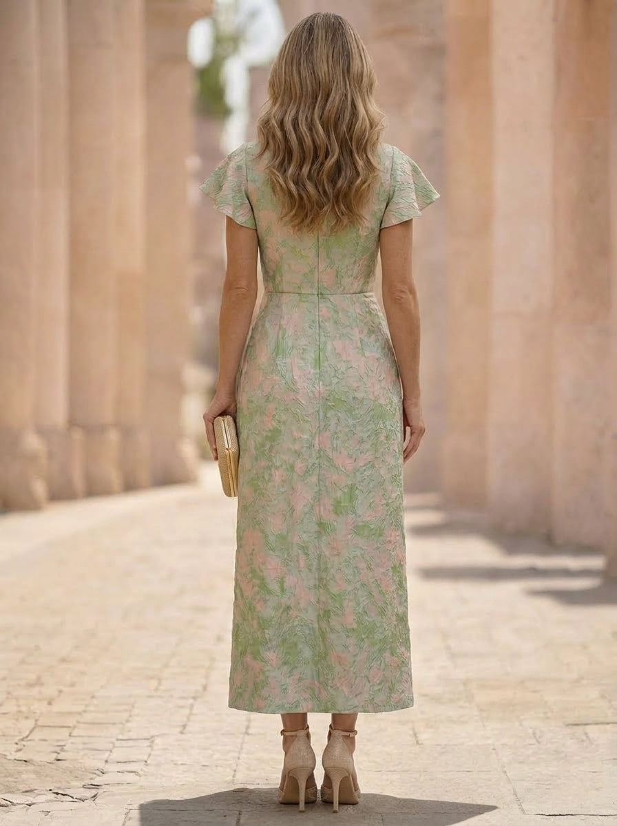 Sheath/Column Scoop Jacquard Mother of the Bride Dresses Ankle-Length Puff Sleeves Ruffles