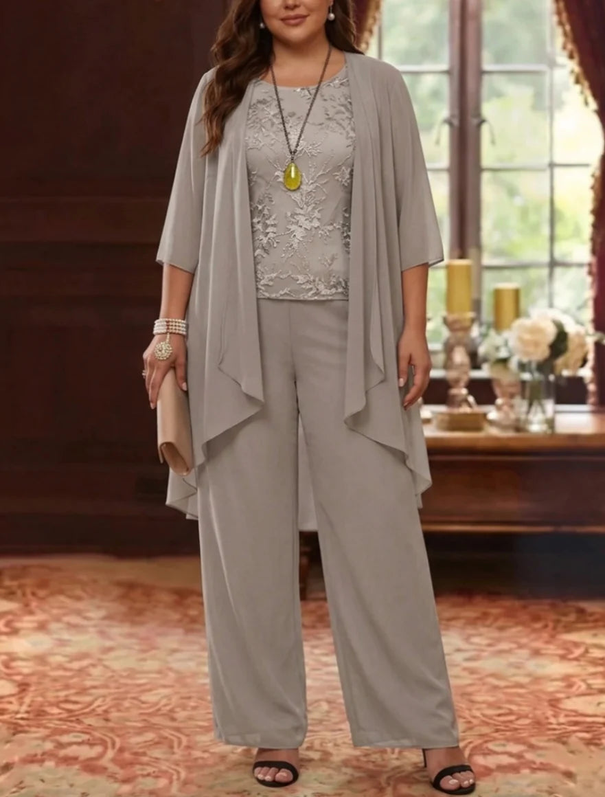 3 Pieces Scoop Chiffon Plus Size Mother of the Bride Pantsuits with Jacket 3/4 Sleeves Ankle-Length Lace Floral