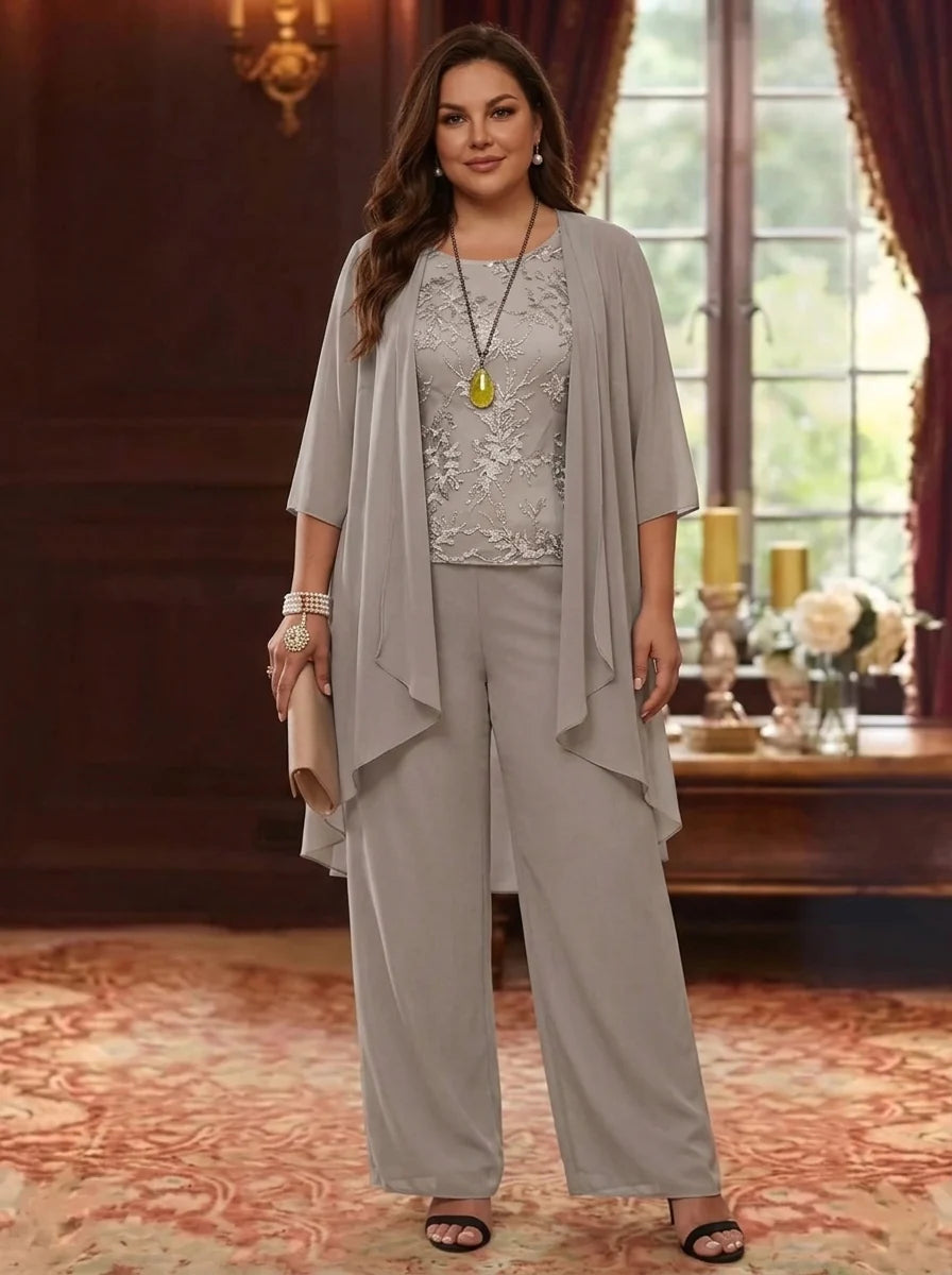 3 Pieces Scoop Chiffon Plus Size Mother of the Bride Pantsuits with Jacket 3/4 Sleeves Ankle-Length Lace Floral