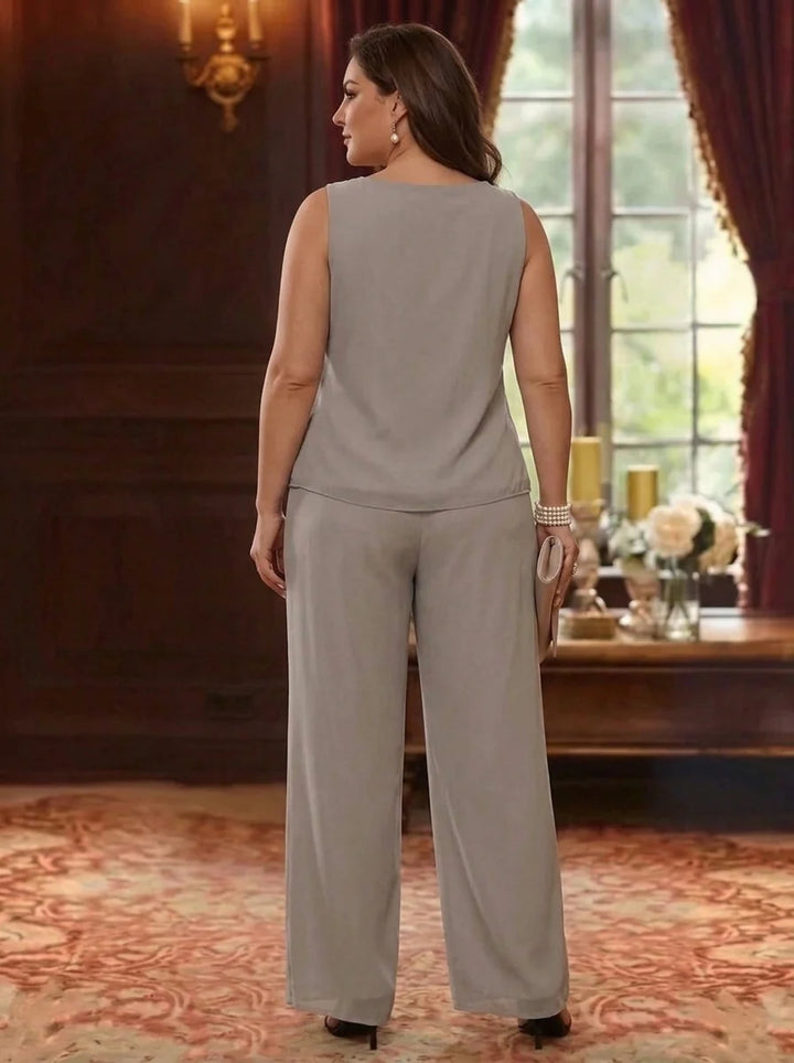3 Pieces Scoop Chiffon Plus Size Mother of the Bride Pantsuits with Jacket 3/4 Sleeves Ankle-Length Lace Floral