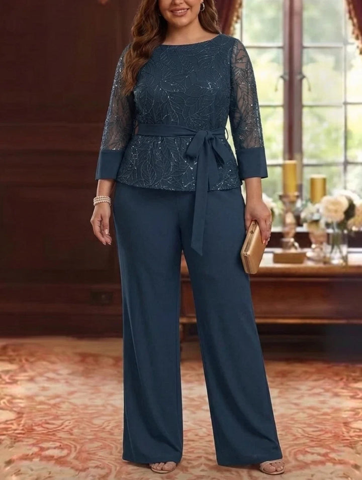 2 Pieces Boat Neck Chiffon Plus Size Mother of the Bride Pantsuits 3/4 Sleeves Floor-Length Belt Lace Sequin