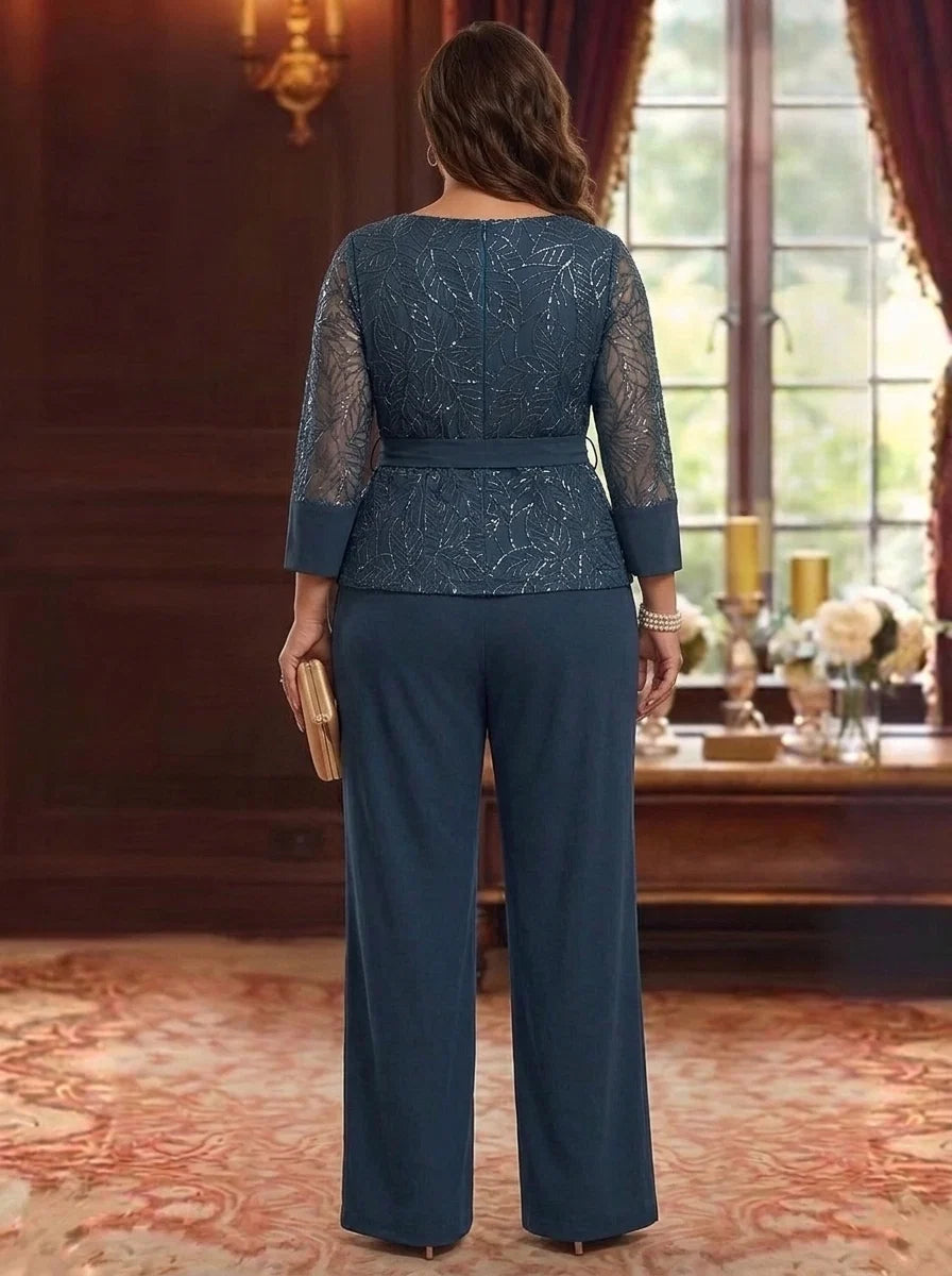 2 Pieces Boat Neck Chiffon Plus Size Mother of the Bride Pantsuits 3/4 Sleeves Floor-Length Belt Lace Sequin