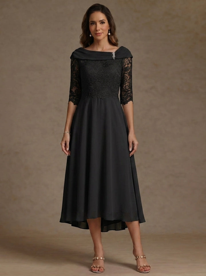 A-Line/Princess Boat Neck Chiffon Mother of the Bride Dresses Half Sleeves Lace High-Low Tea-Length