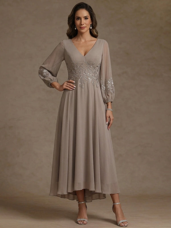 A-Line/Princess V-Neck Chiffon Mother of the Bride Dresses 3/4 Sleeves Lace Floral Asymmetrical Tea-Length