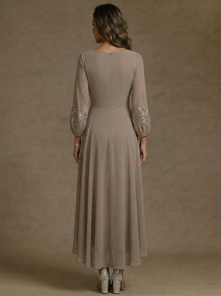 A-Line/Princess V-Neck Chiffon Mother of the Bride Dresses 3/4 Sleeves Lace Floral Asymmetrical Tea-Length