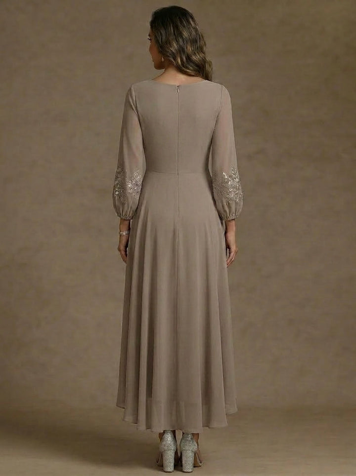 A-Line/Princess V-Neck Chiffon Mother of the Bride Dresses 3/4 Sleeves Lace Floral Asymmetrical Tea-Length