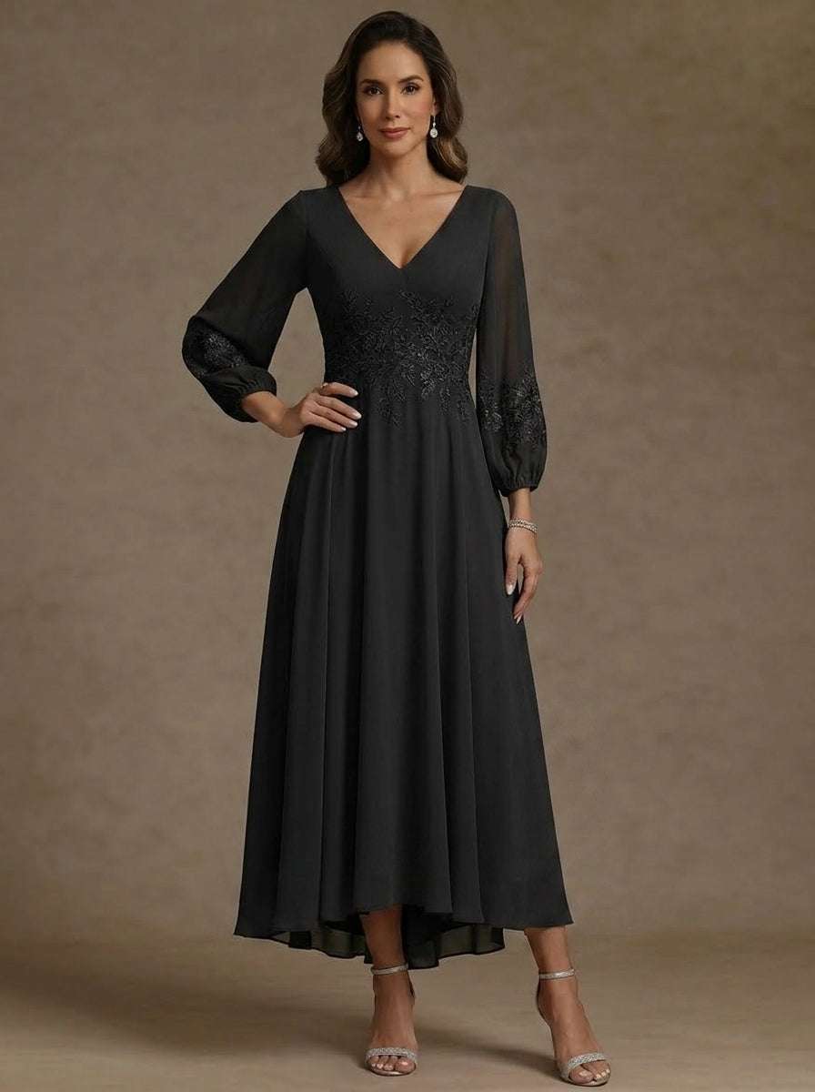 A-Line/Princess V-Neck Chiffon Mother of the Bride Dresses 3/4 Sleeves Lace Floral Asymmetrical Tea-Length